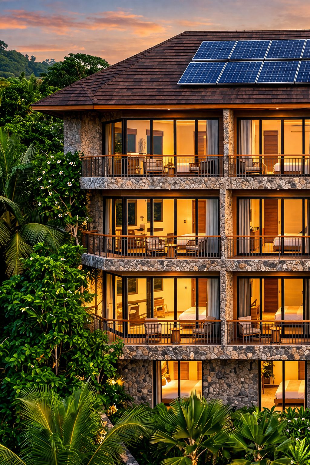 Popo Danes villa exterior at Lipah Hills, evening